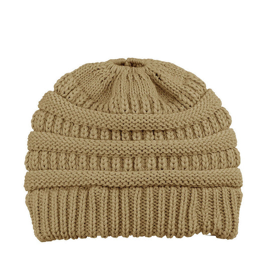 Ponytail Beanie Winter Stretch Cable Knit Hat - Beige
