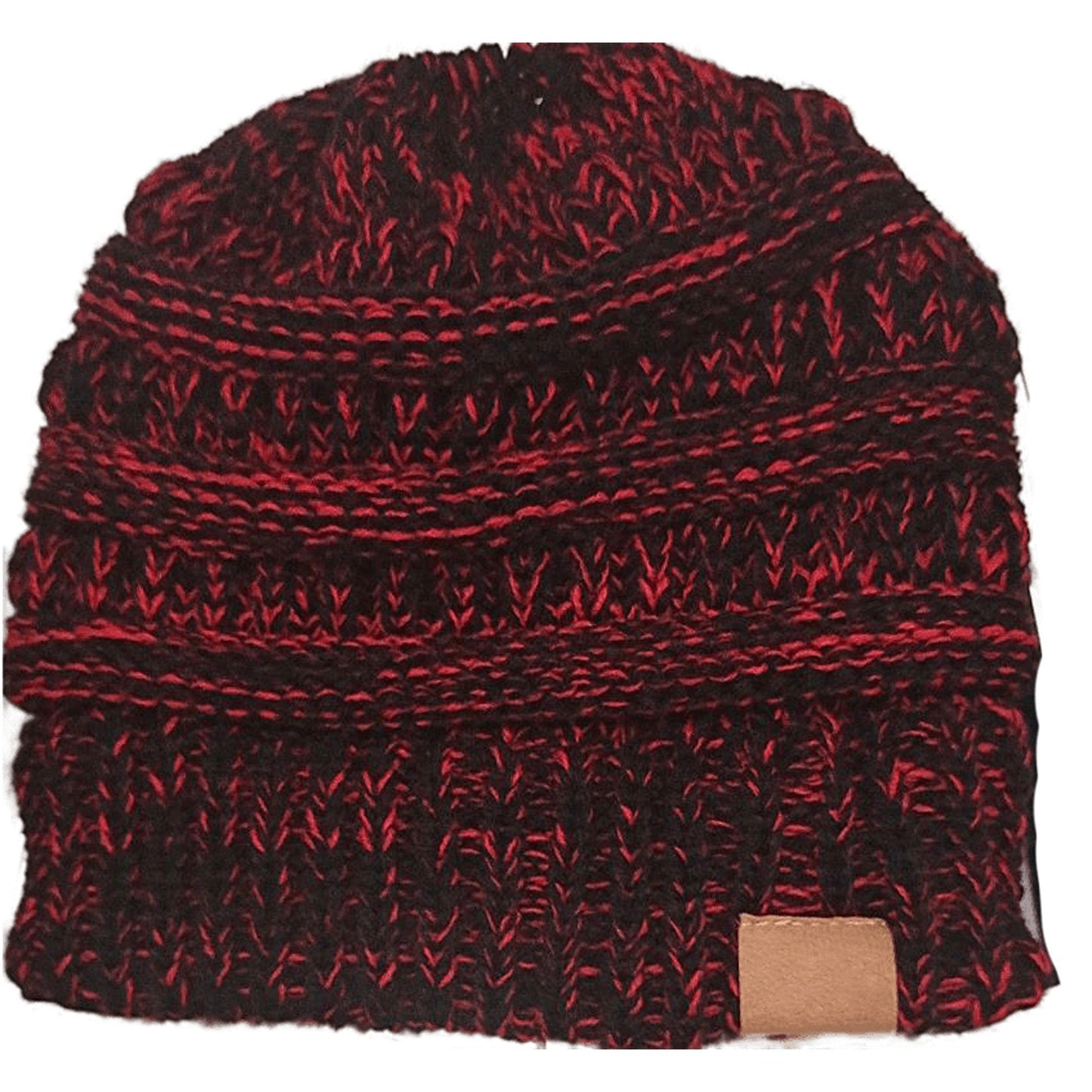 Ponytail Beanie Winter Stretch Cable Knit Hat - Black and Red