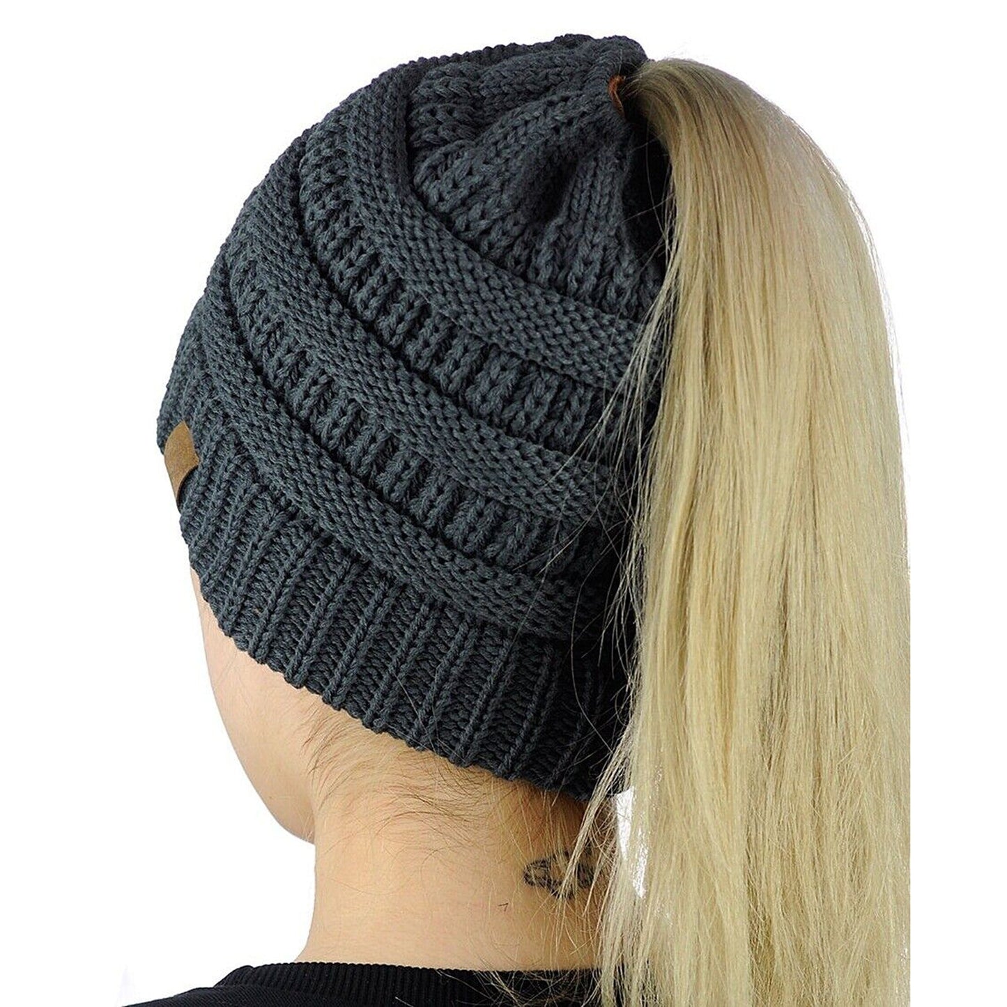 Ponytail Beanie Winter Stretch Cable Knit Hat - Dark Grey