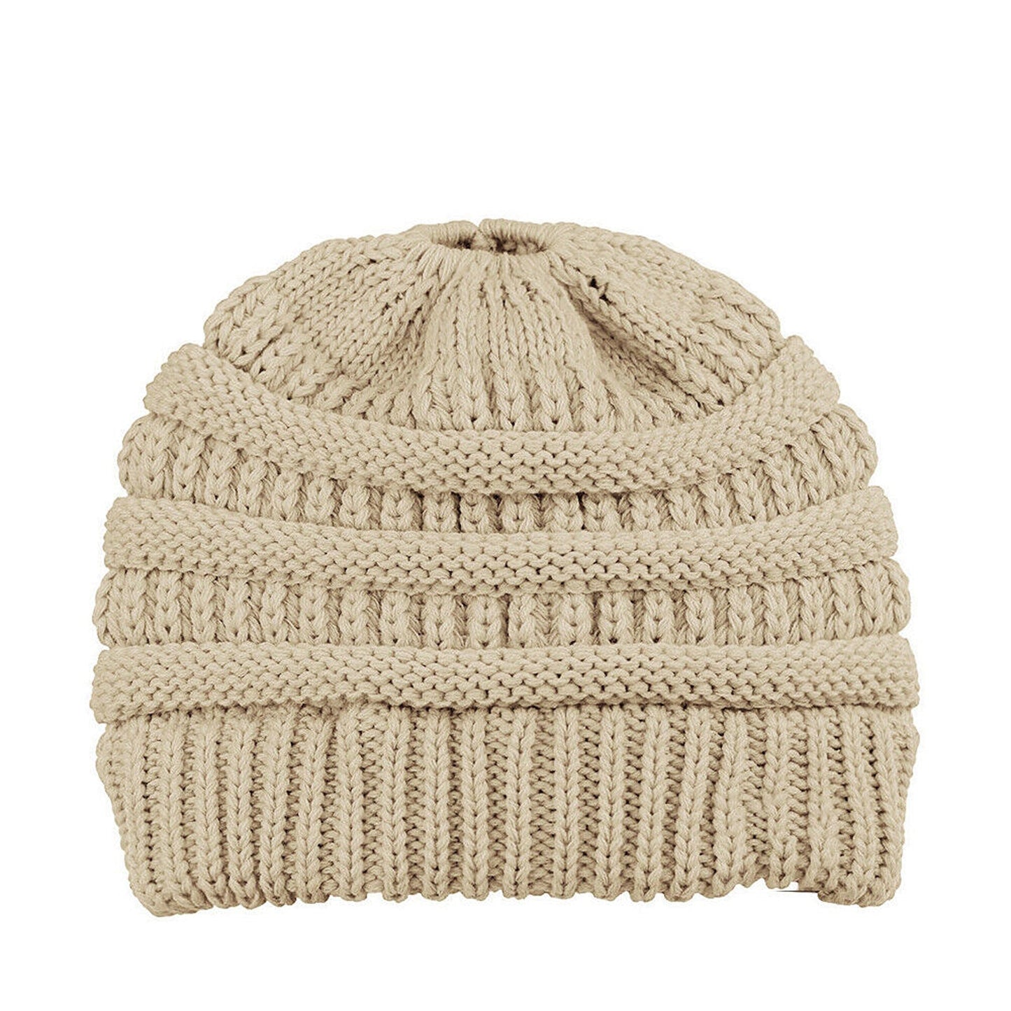 Ponytail Beanie Winter Stretch Cable Knit Hat - Light Brown