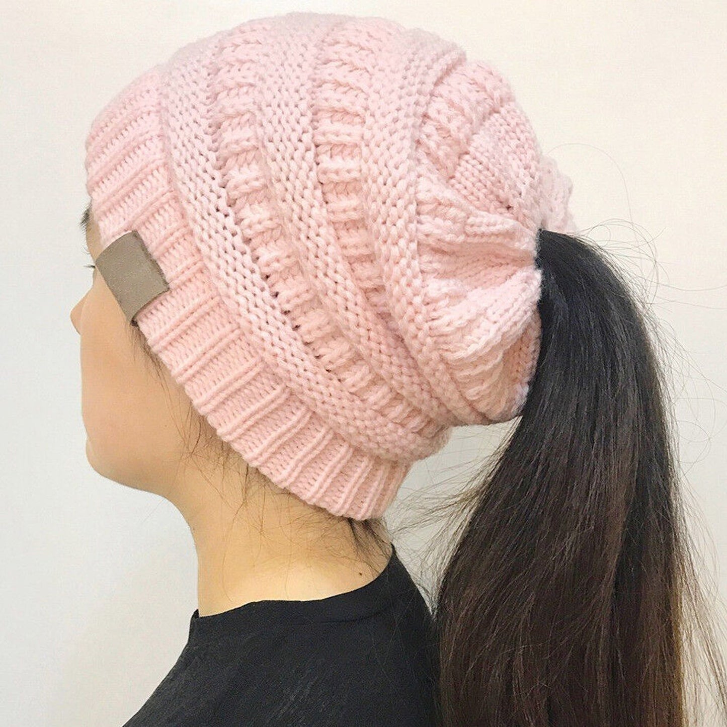 Ponytail Beanie Winter Stretch Cable Knit Hat - Pink