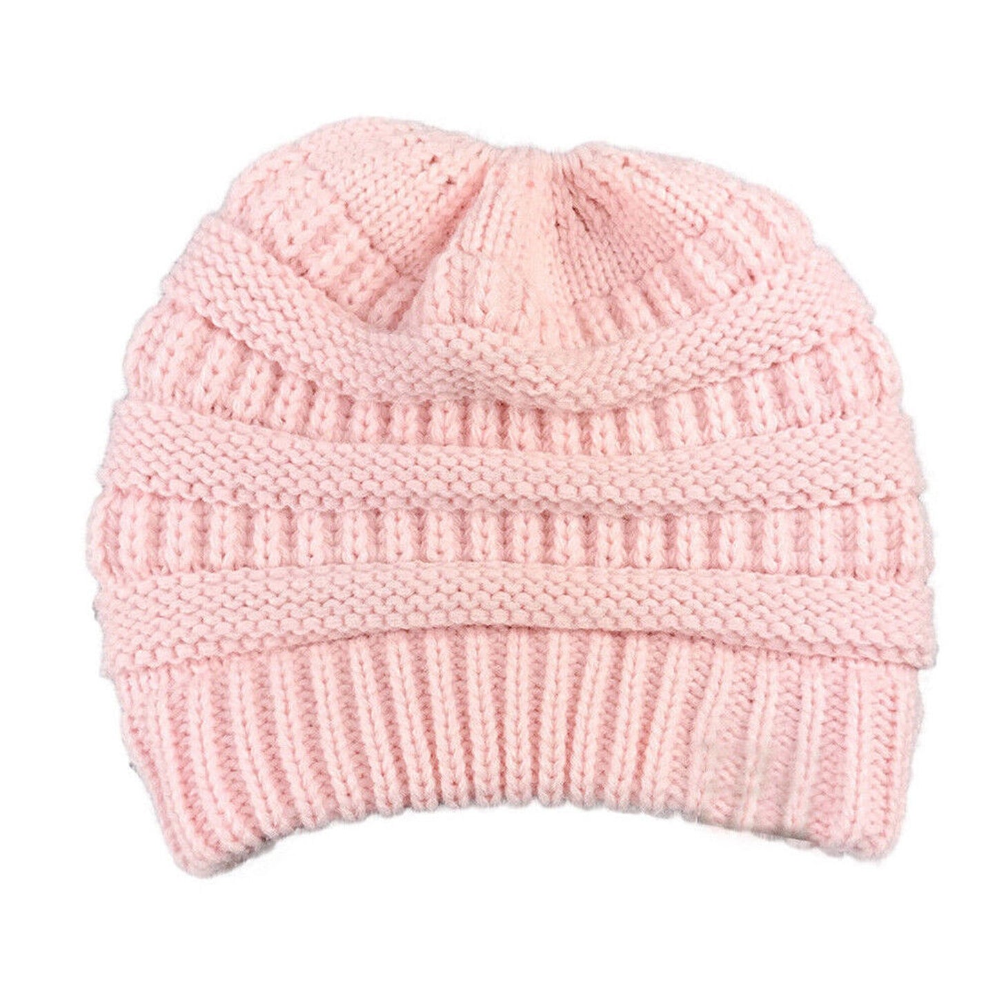 Ponytail Beanie Winter Stretch Cable Knit Hat - Pink