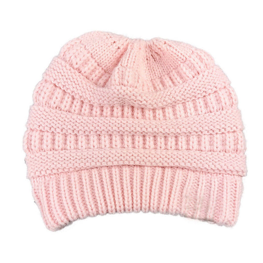 Ponytail Beanie Winter Stretch Cable Knit Hat - Pink