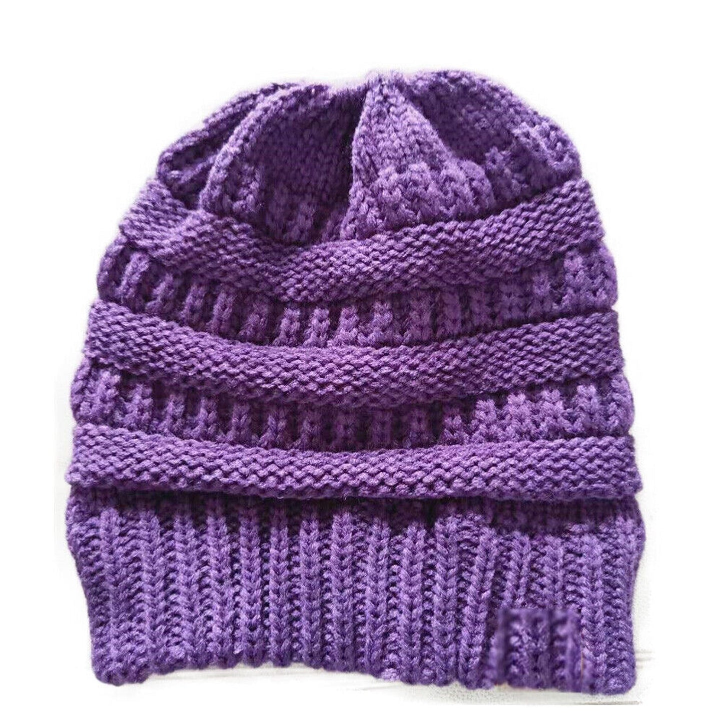 Ponytail Beanie Winter Stretch Cable Knit Hat - Purple