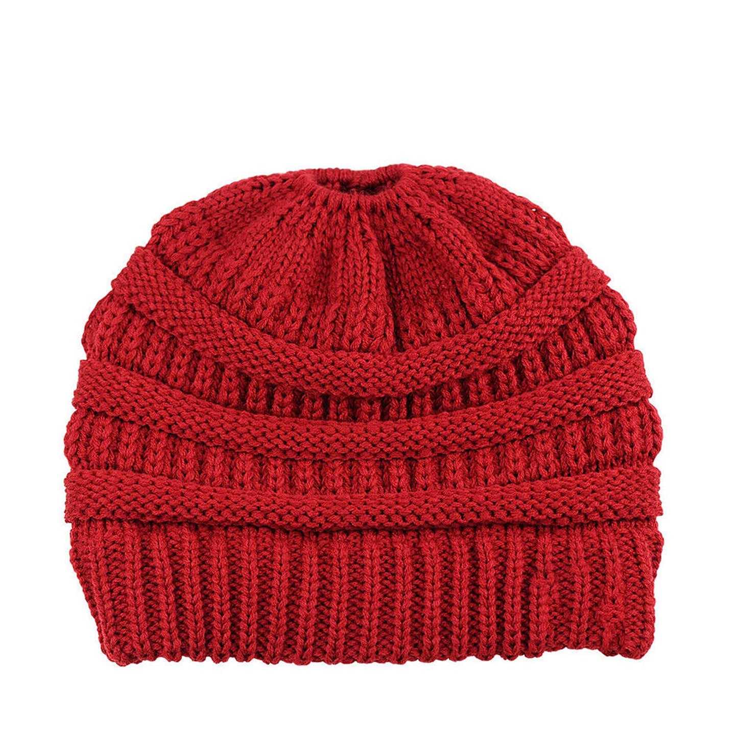 Ponytail Beanie Winter Stretch Cable Knit Hat - Red