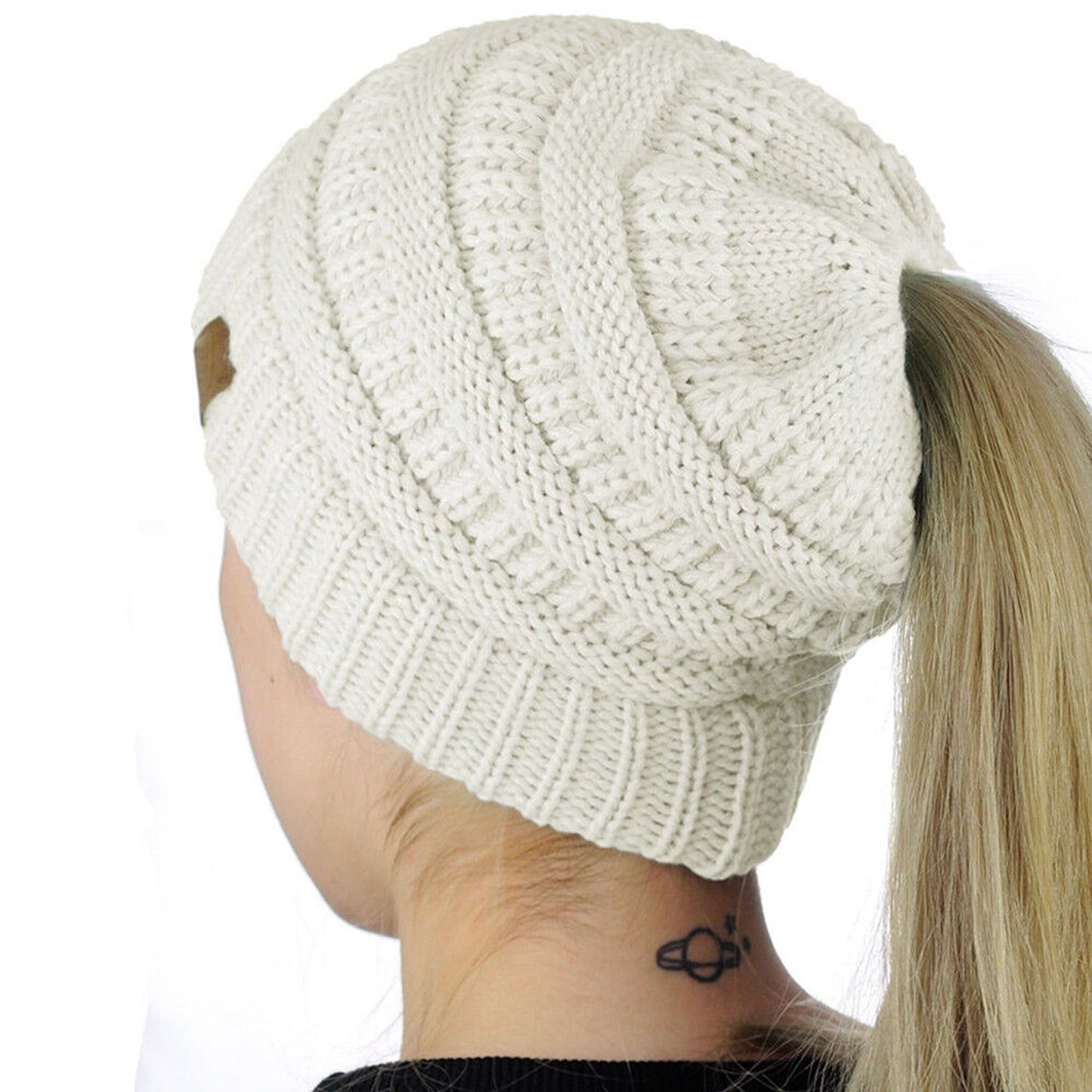Ponytail Beanie Winter Stretch Cable Knit Hat - White