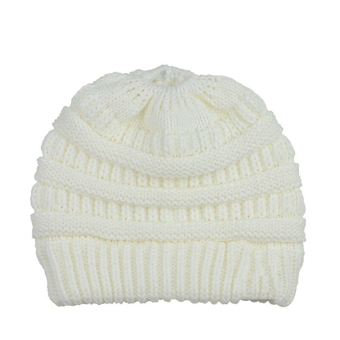 Ponytail Beanie Winter Stretch Cable Knit Hat - White