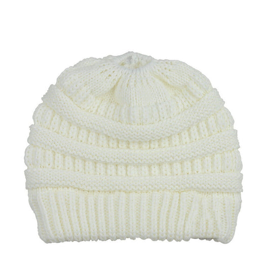 Ponytail Beanie Winter Stretch Cable Knit Hat - White