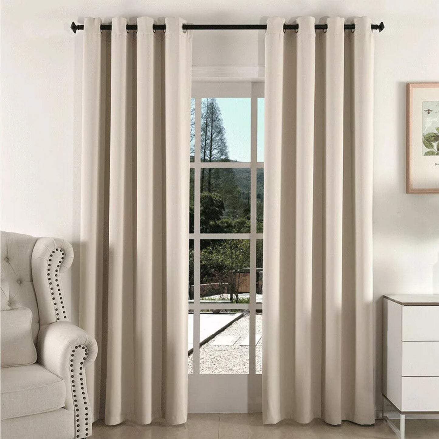 2x Eyelet Blackout Curtains Blockout Drapes for Bedroom Window Pair - Beige