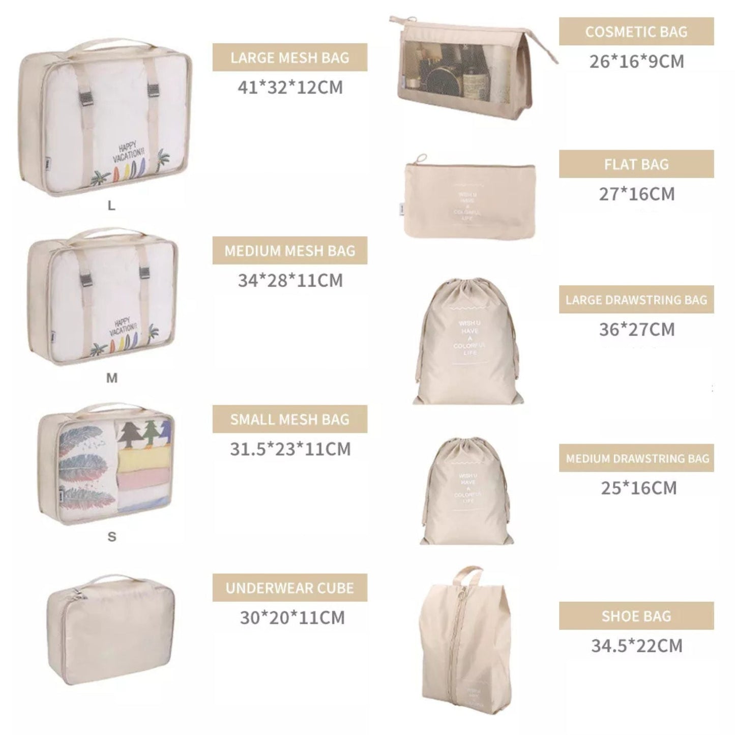 Beige Travel Packing Cubes Luggage Pouches Clothes Suitcase Storage Bag - 9x