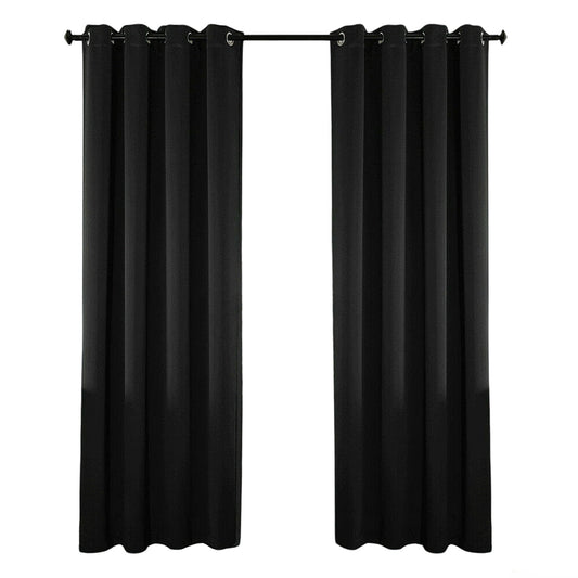2x Eyelet Blackout Curtains Blockout Drapes for Bedroom Window Pair - Black