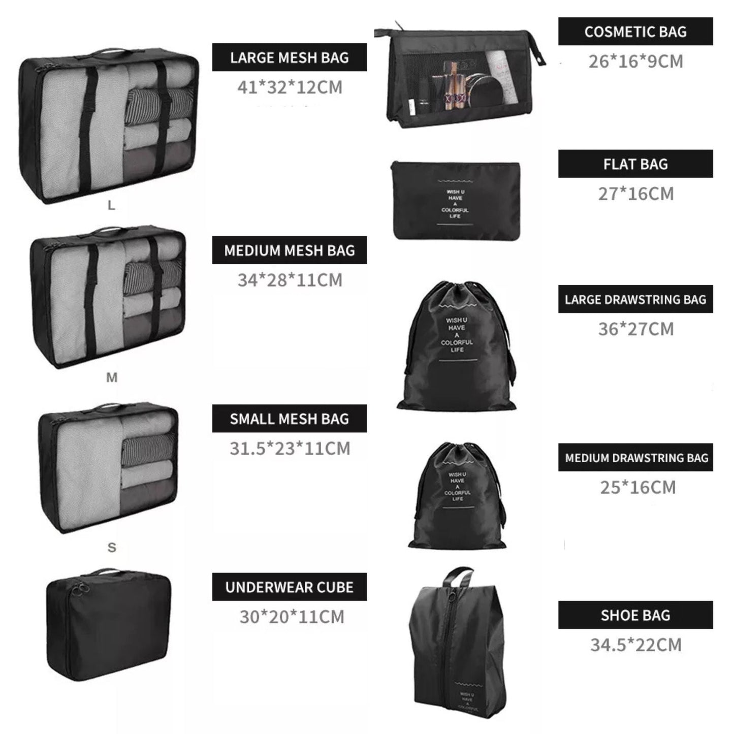 Black Travel Packing Cubes Luggage Pouches Clothes Suitcase Storage Bag - 9x