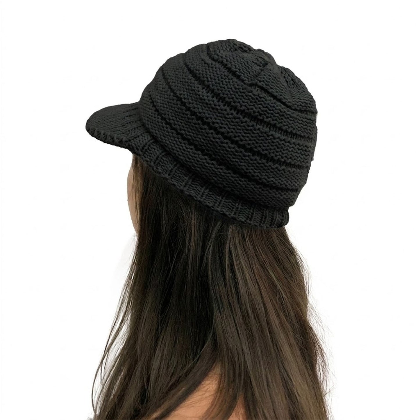 Black Womens Thick Knitted Beanie Hat with Visor for Winter