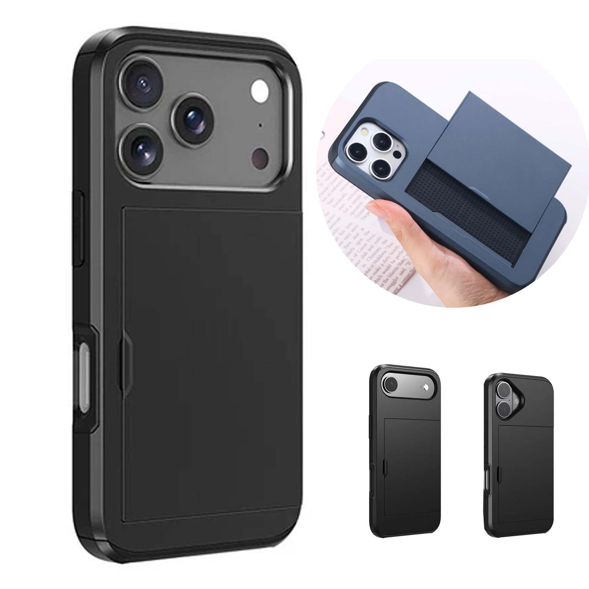 Shockproof Phone Case with Card Holder for iPhone 16e 17e 17 18 Pro Max - Black