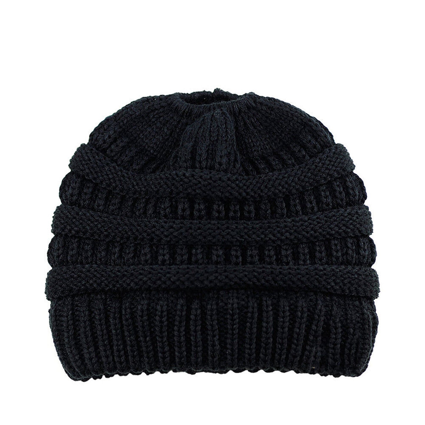 Ponytail Beanie Winter Stretch Cable Knit Hat - Black