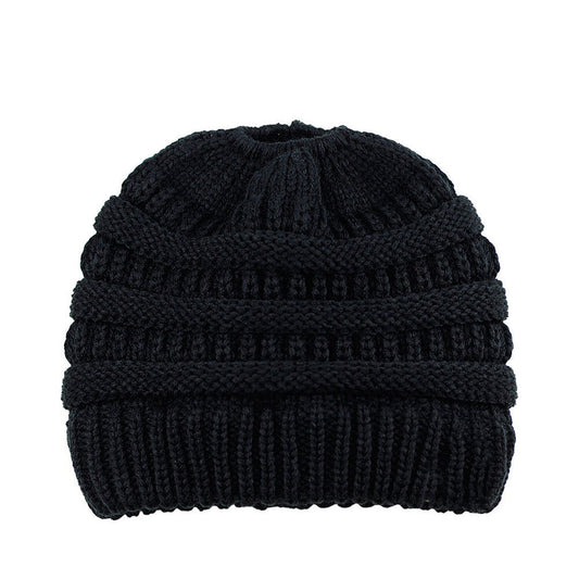 Ponytail Beanie Winter Stretch Cable Knit Hat - Black