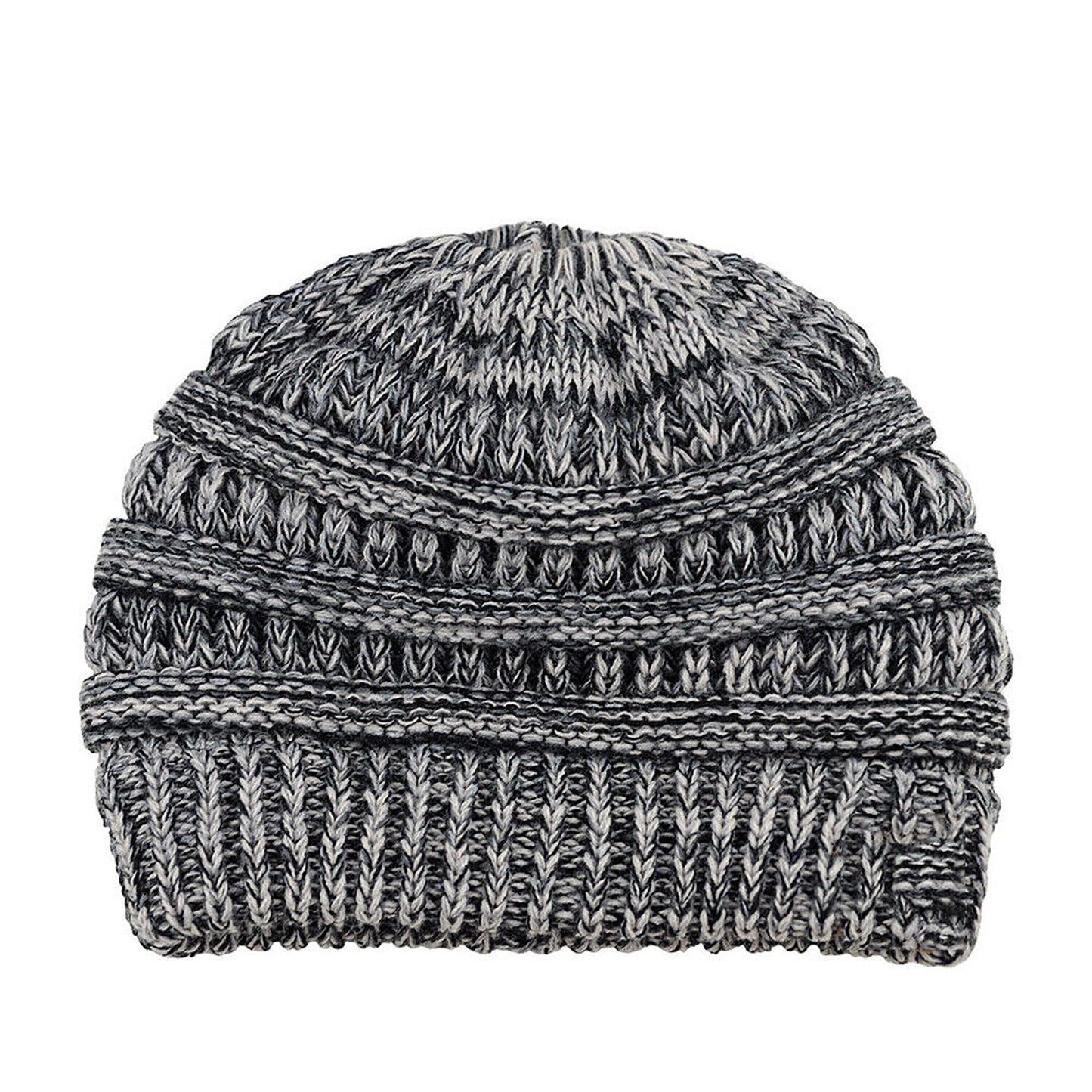 Ponytail Beanie Winter Stretch Cable Knit Hat - Black and White
