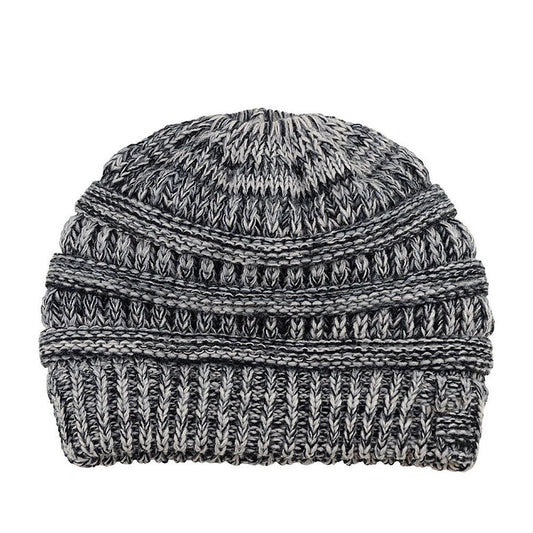 Ponytail Beanie Winter Stretch Cable Knit Hat - Black and White