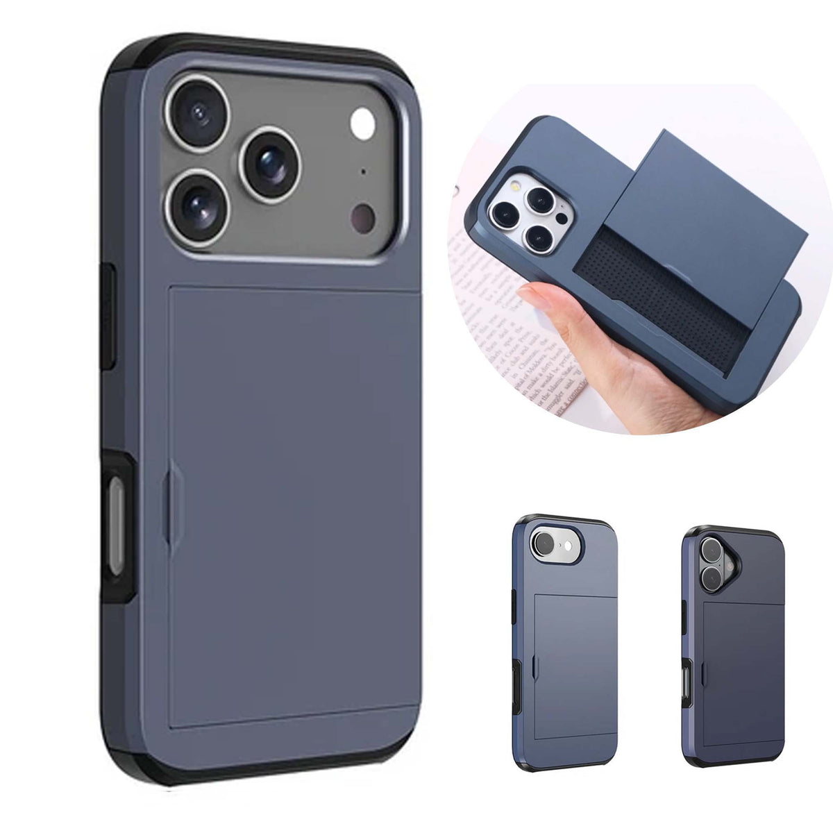Shockproof Phone Case with Card Holder for iPhone 16e 17e 17 18 Pro Max - Dark Blue
