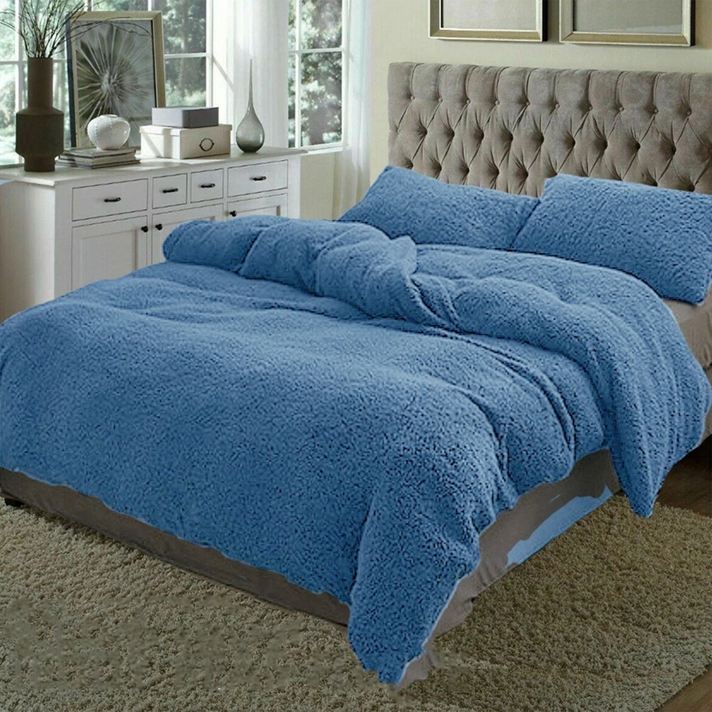 Teddy Bear Fleece Quilt Doona Duvet Cover Set - Blue