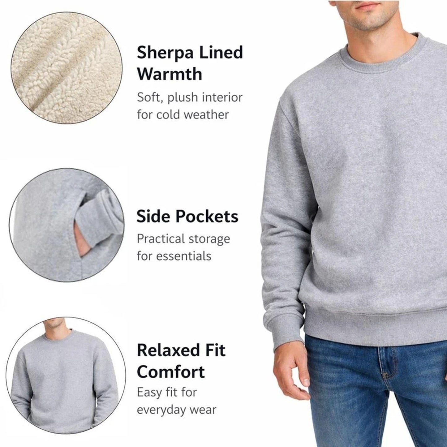 Grey Unisex Sherpa Fleece Lined Crewneck Sweatshirt