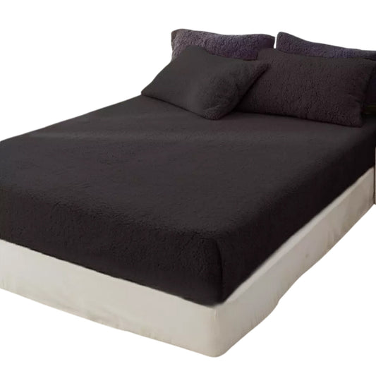 Soft Warm Fleece Fitted Sheet with Pillowcase Teddy Bear Fabric - Black
