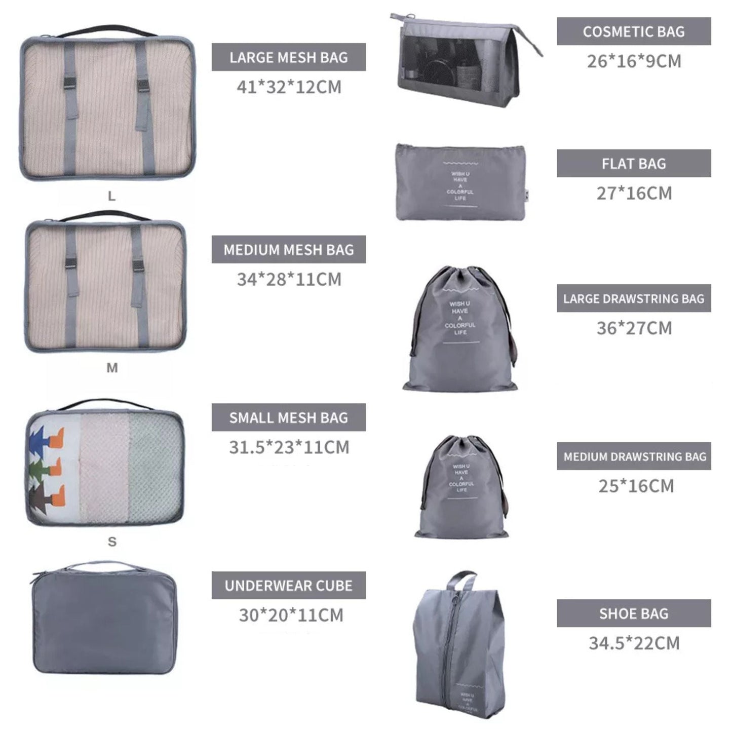 Gray Travel Packing Cubes Luggage Pouches Clothes Suitcase Storage Bag - 9x
