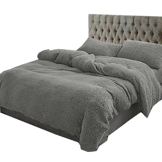 Teddy Bear Fleece Quilt Doona Duvet Cover Set - Grey