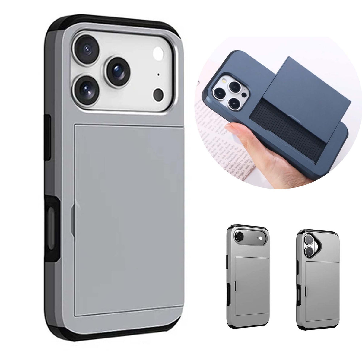 Shockproof Phone Case with Card Holder for iPhone 16e 17e 17 18 Pro Max - Gunmetal