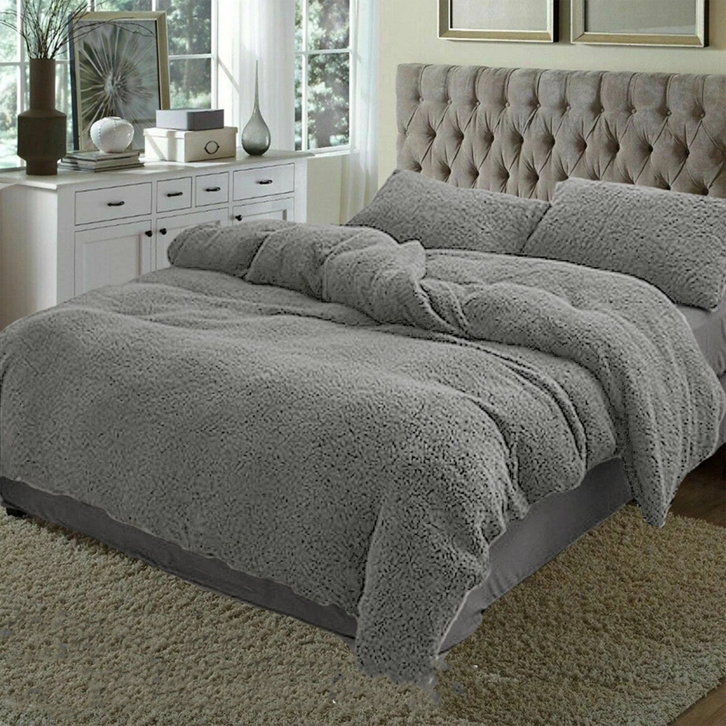Teddy Bear Fleece Quilt Doona Duvet Cover Set - Grey