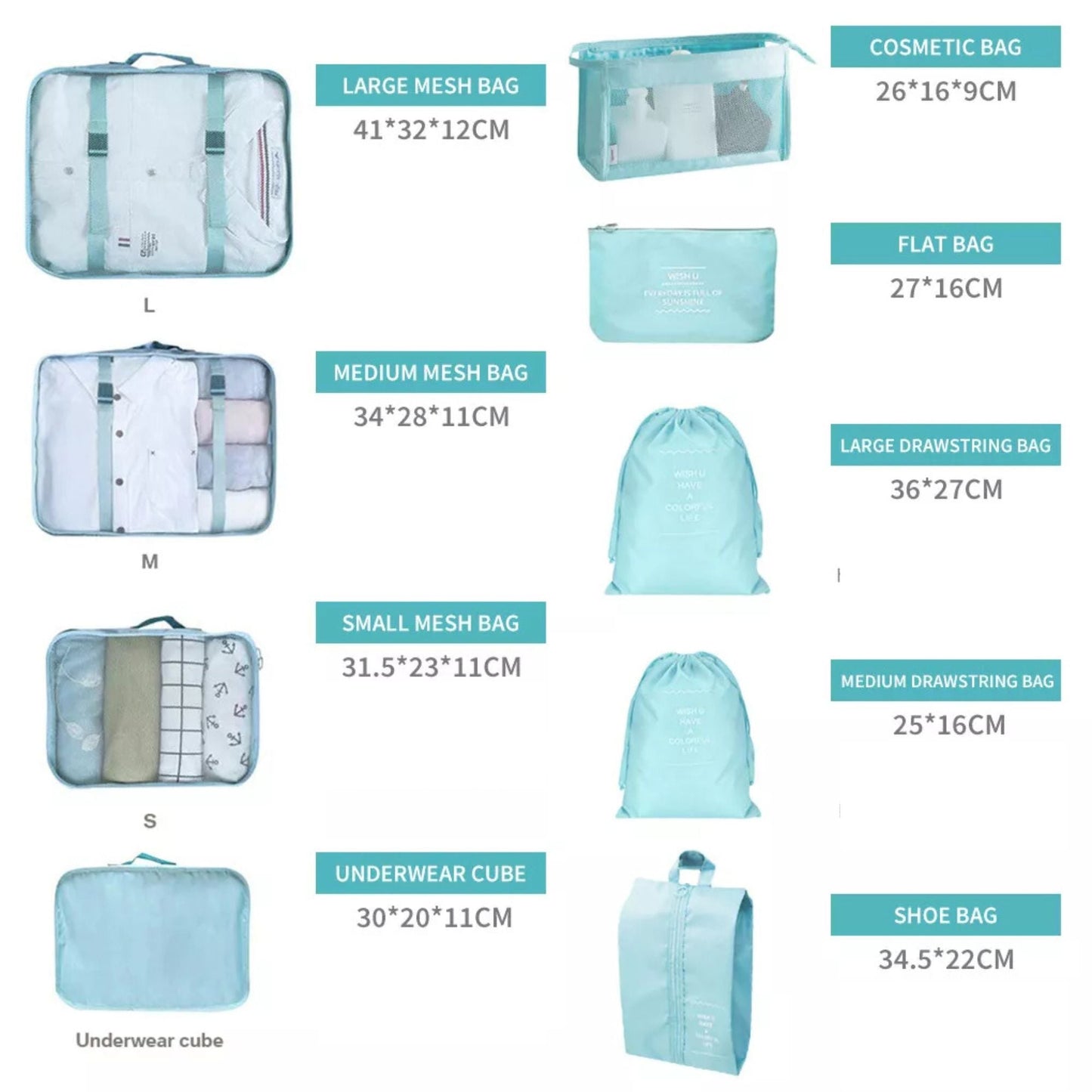 Lake Blue Travel Packing Cubes Luggage Pouches Clothes Suitcase Storage Bag - 9x