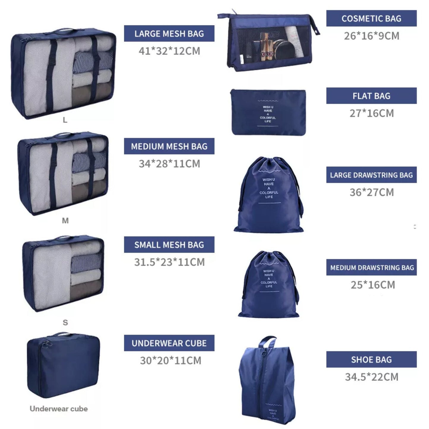 Navy Travel Packing Cubes Luggage Pouches Clothes Suitcase Storage Bag - 9x