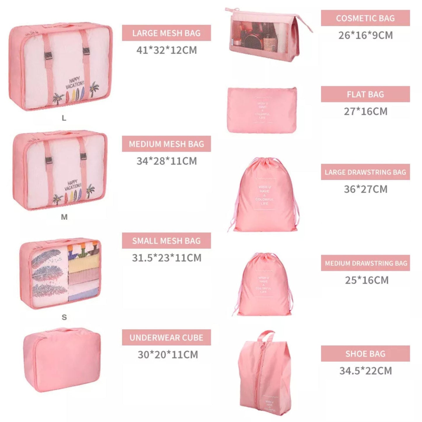 Pink Travel Packing Cubes Luggage Pouches Clothes Suitcase Storage Bag - 9x