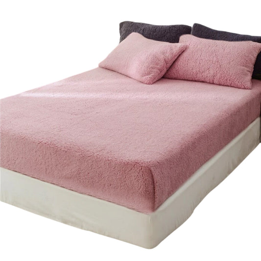 Soft Warm Fleece Fitted Sheet with Pillowcase Teddy Bear Fabric - Blush