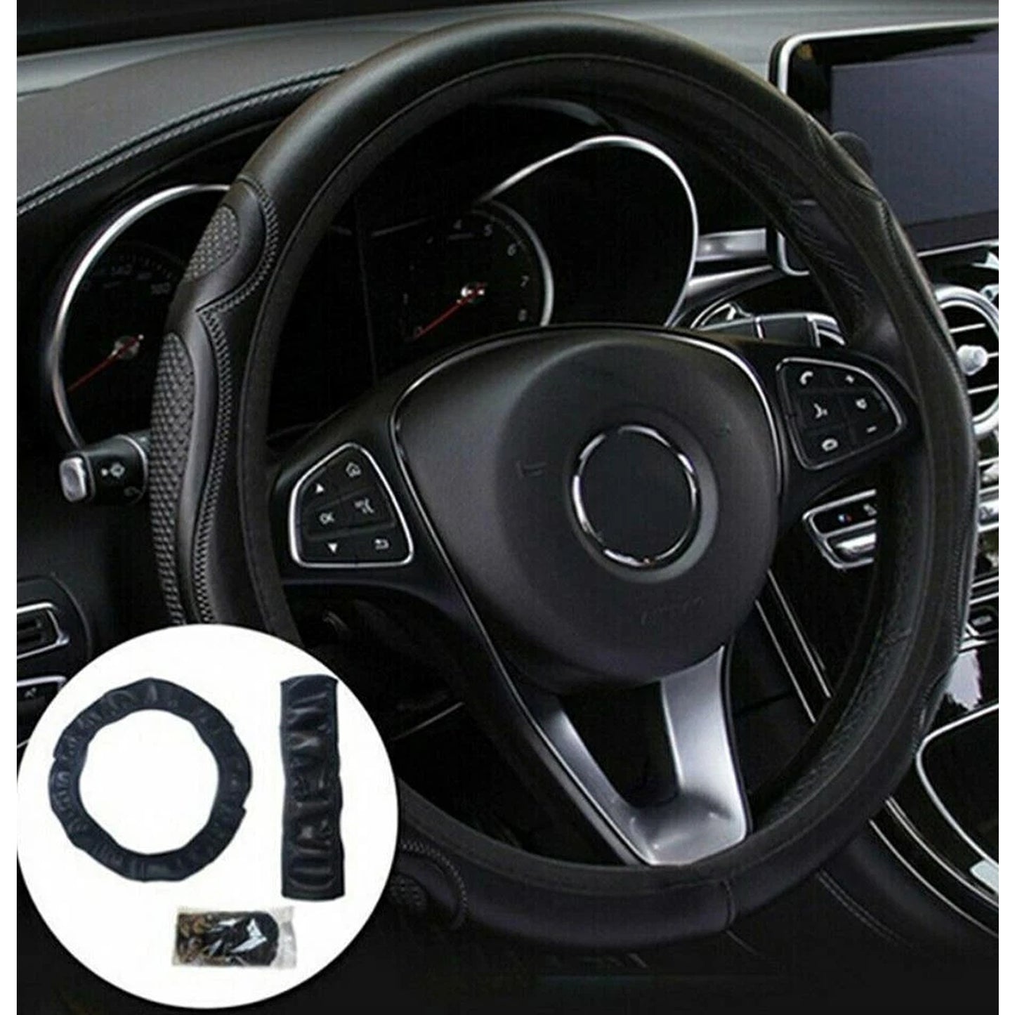 Universal Fit Steering Wheel Cover Black Leather Breathable Anti Slip Grip