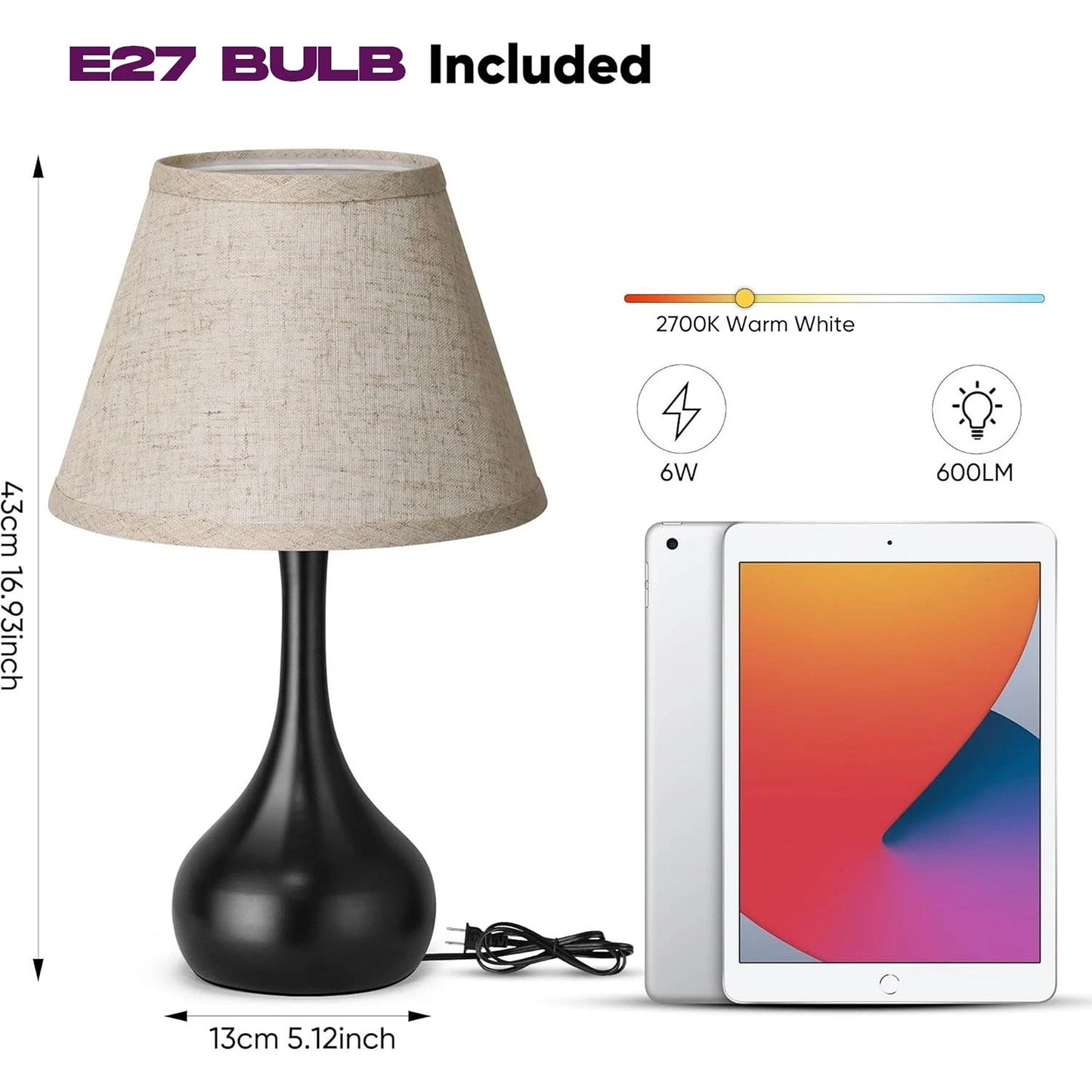 Touch Bedside Table Lamp with Three Way Dimmable Lighting