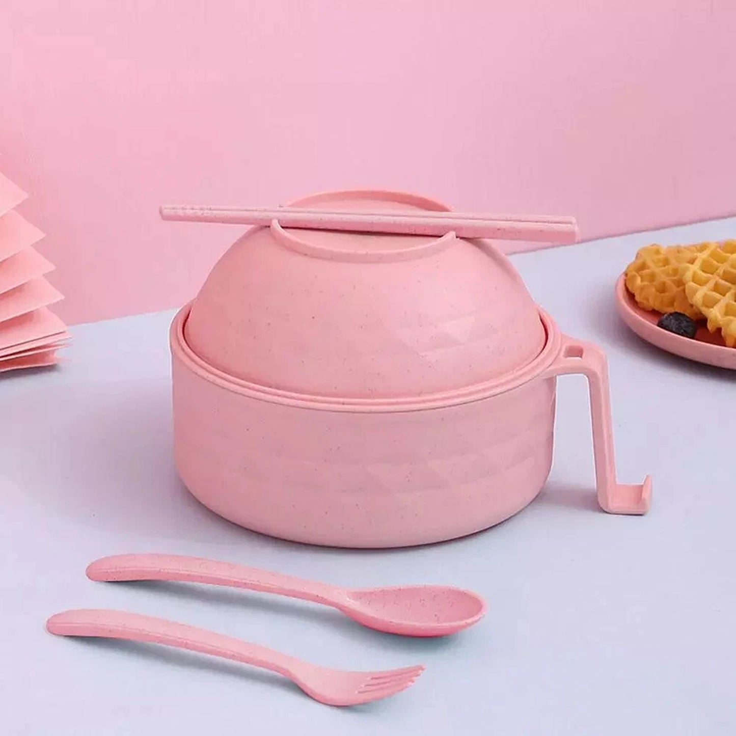 Pink Microwave Ramen Bowl Set with Chopsticks for Instant Noodles