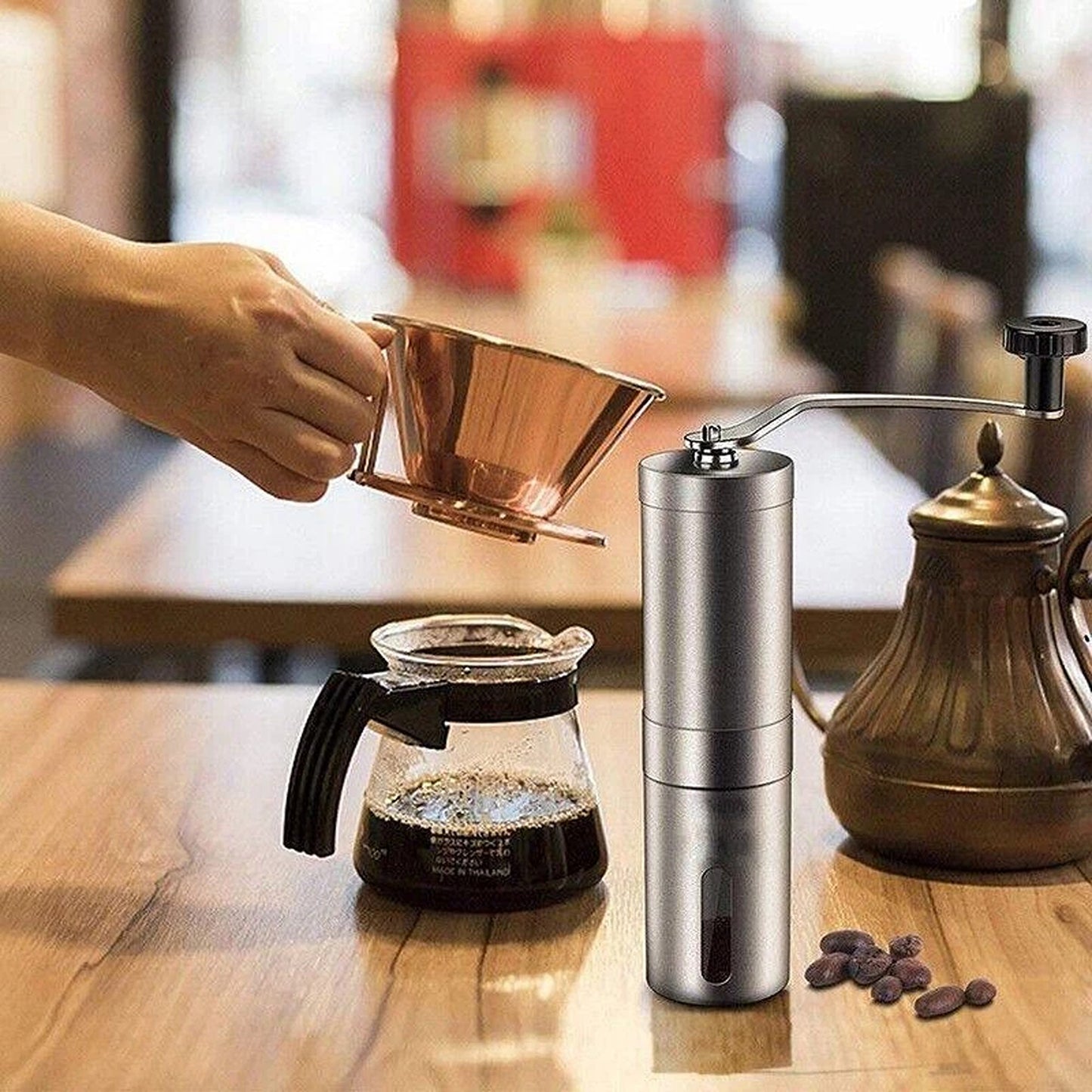 Manual Coffee Bean Grinder with Stainless Steel Body and Ceramic Burr