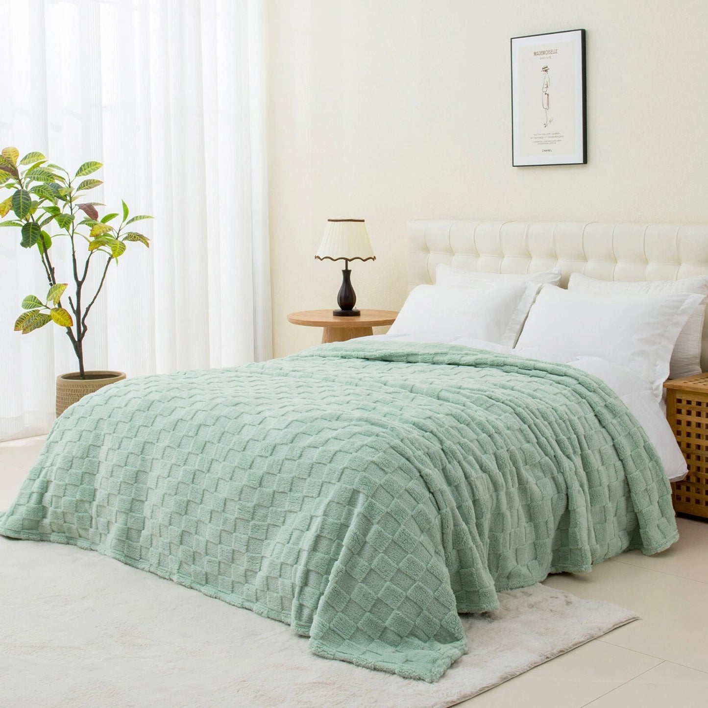 Warm Soft Throw Blanket Plaid Coral Fleece for Couch or Bed - Sage Green