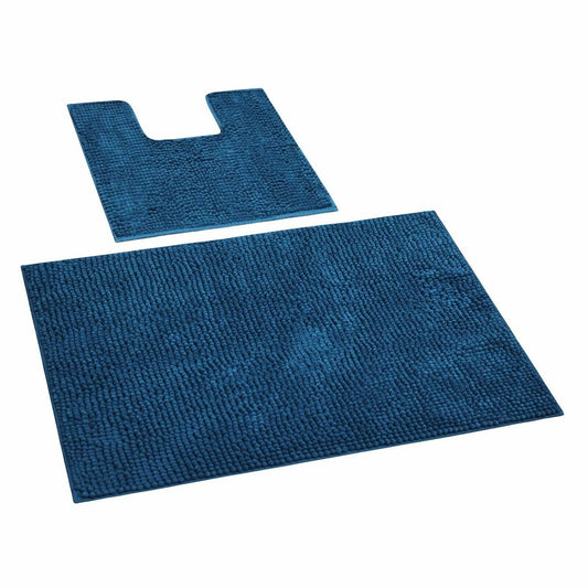 Navy 1200 GSM Chenille Bath Mat and Toilet Mat Set Non Slip