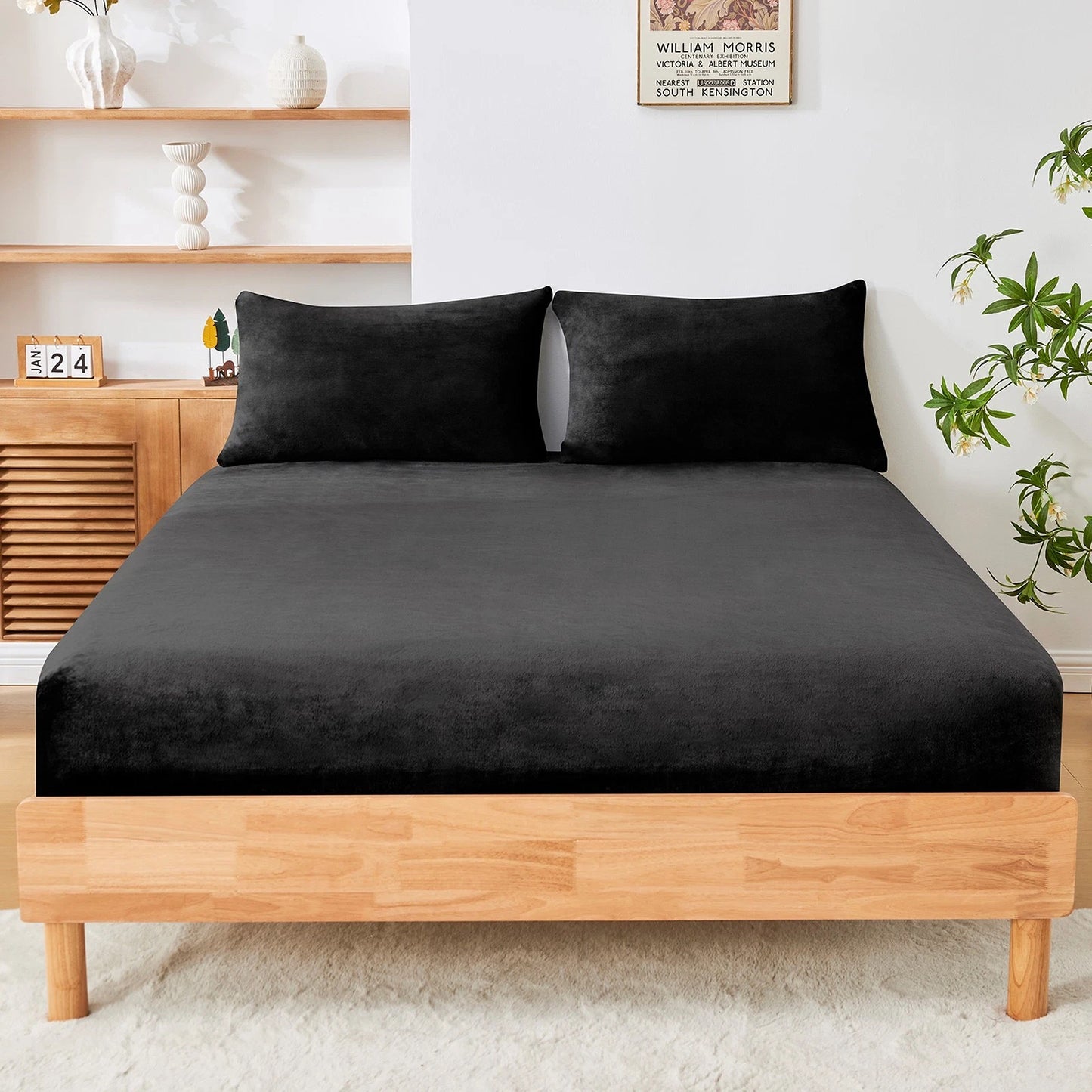 Black Warm Flannelette Fitted Sheet and Pillowcase Set No Flat Sheet