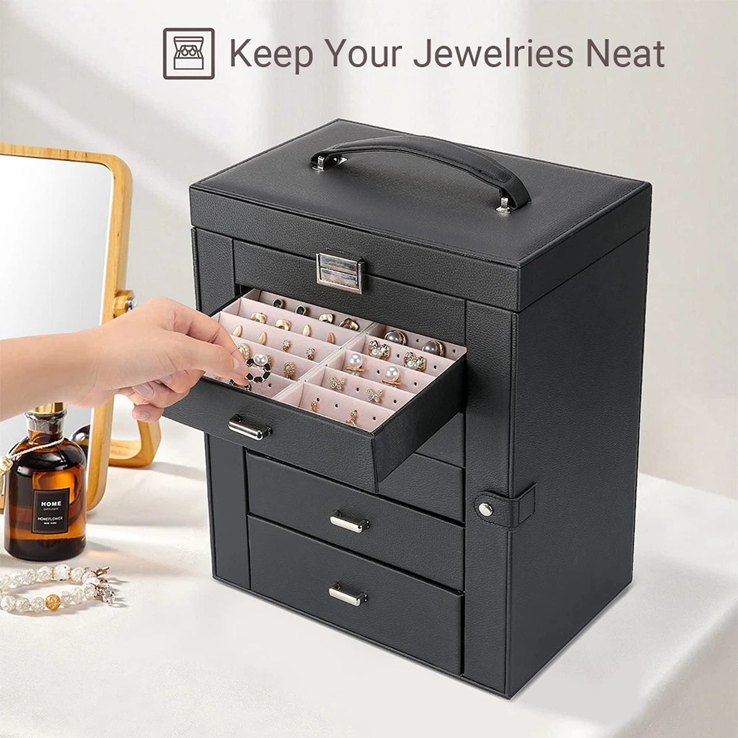 Large Leather Jewellery Organizer Case for Travel and Storage