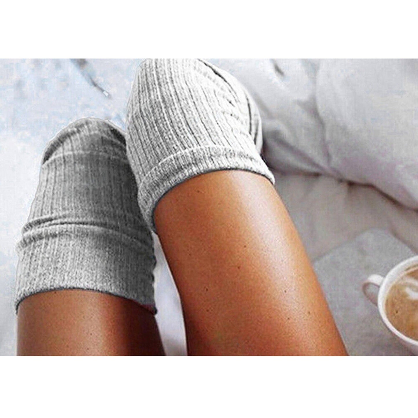 Solid Color Thigh High Socks Cable Knit - Light Grey