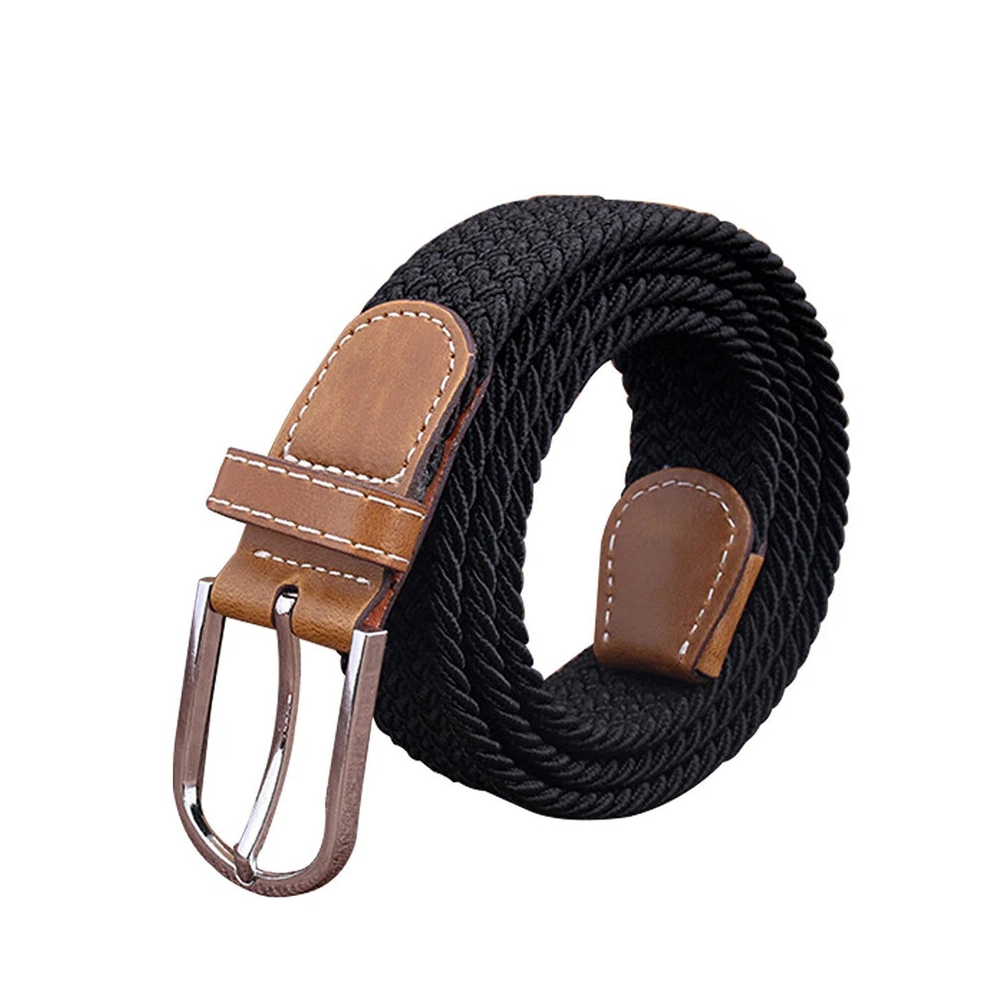 Black Womens Braided Stretch Waist Belt with Elastic Buckle