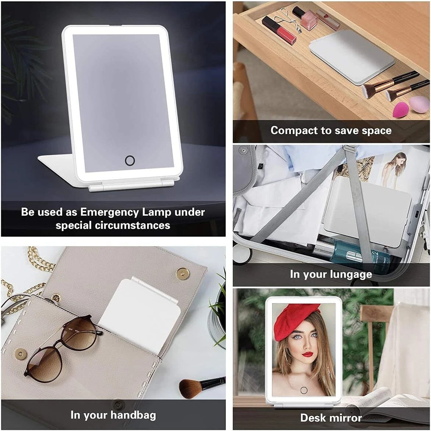 Rechargeable LED Folding Makeup Mirror with USB and Touch Screen