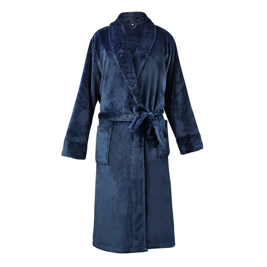 Navy Unisex Luxury Flannel Fleece Bath Robe for Men and Women