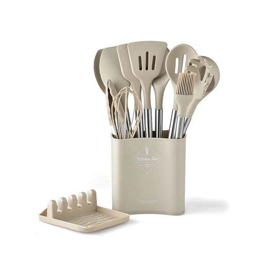 13 Piece Kitchen Utensil Set Silicone Tools with Stainless Steel Handles - Khaki