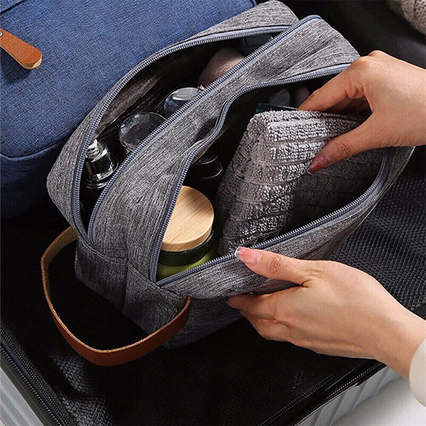 Grey Compact Toiletry Bag for Travel and Gym