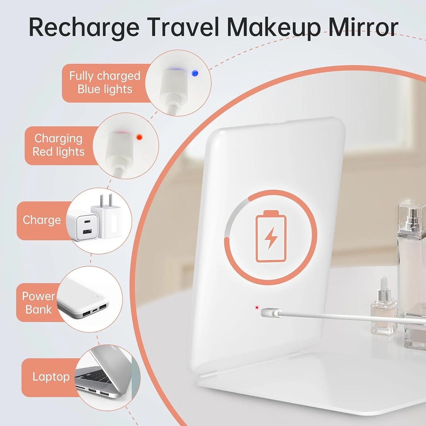 Rechargeable LED Folding Makeup Mirror with USB and Touch Screen