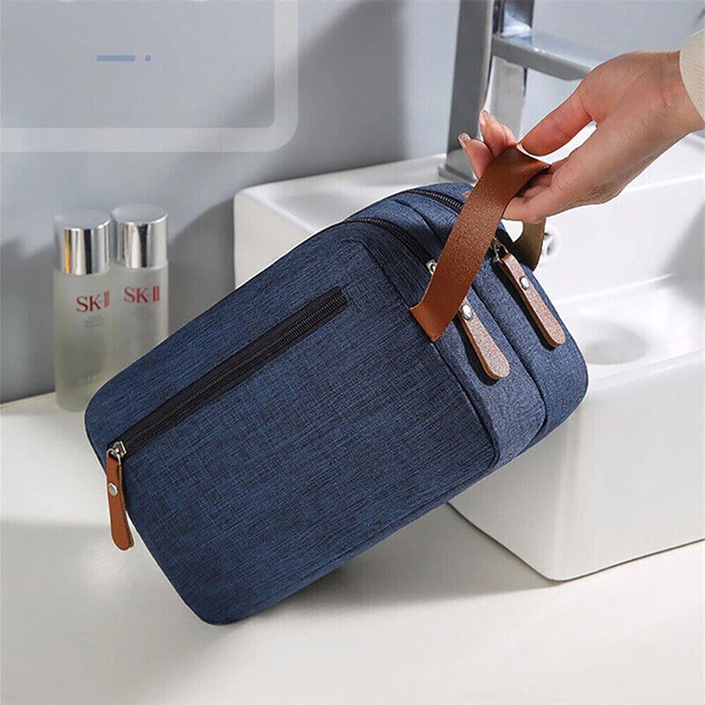 Navy Blue Compact Toiletry Bag for Travel and Gym